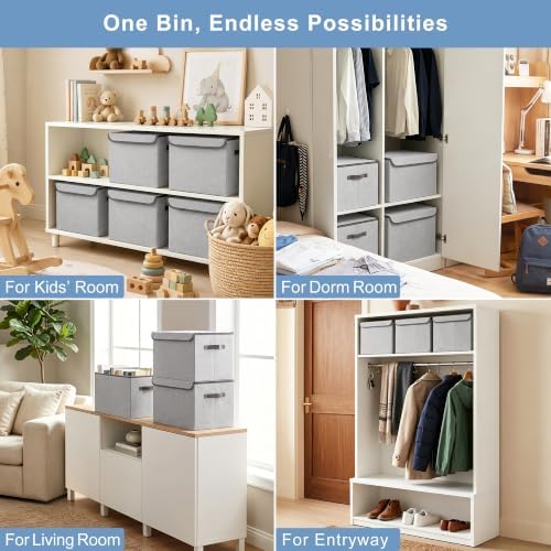 Bagnizer Linen Fabric Foldable Storage Cube Bin Organizer Basket with Flip-Top Lid & Handles, Large Clothes Blanket Box for Home, Office, Closet, Light Gray, 4 Pack 14.6 x 9.5 x 9.5”