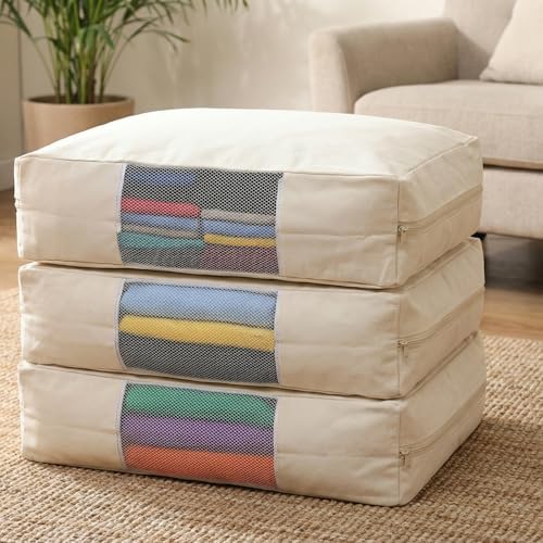 3 Pcs Cotton Canvas Sweater Storage Bag, 20"x14"x5" Closet Organizer Bag