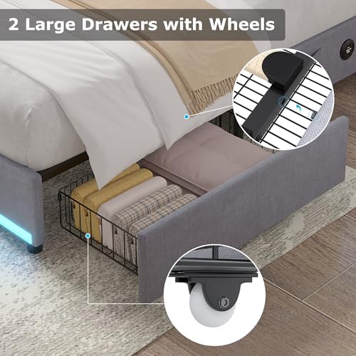 VECELO Queen Size Bed Frame with Storage Drawers, Linen Grey