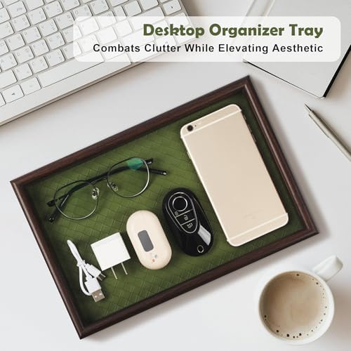 Wooden Valet Tray with Leather Base - Nightstand Catchall Organizer for Cologne, Perfume, Keys, Wallet, Phone, Watch, Jewelry & Sunglasses (Green)