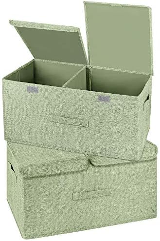 2 Pack Large Storage Boxes with Lids and Handles, Collapsible Linen Storage Bins Organizer Containers Baskets Cube with Removable Divider for Home Bedroom Closet Office (Green, Large)