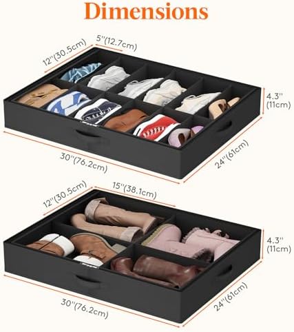 Lifewit Under Bed Shoe Storage Organizer 1 Pack(12 Shoes Cells+4 Boots Cells), 4.3 Inches Profile Fabric Shoes Container Box with Clear Cover, Foldable Storage Bag with 2 Handles, Fits 10 to 16 Pairs