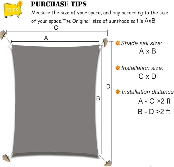 Sun Shade Sail Canopy, Patio Shade Cloth Outdoor Cover - Sunshade Fabric Awning Shelter for Pergola Backyard Garden Carport (Grey, 6' x 12' Rectangle)