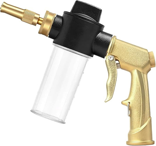 High Pressure Garden Hose Nozzle with Soap Dispenser, Heavy Duty Foam Gun Car Wash Sprayer, Adjustable Nozzle for Gardening, Solar Panel Cleaning, Pet Showering (Gold)