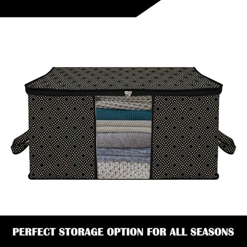 Kuber Industries Underbed Storage Bag (Pack of 4) - Large Blanket Organizer With Clear Window & Handle - Golden-Dot Black Kambal Storage
