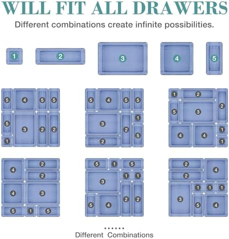25 PCS Drawer Organizer Set, 5 Size Bathroom and kitchen organizer Trays | Bathroom and kitchen Drawer cabinet organizer Trays, Clear Storage Bins for Makeup, Jewelry, Utensils and Gadgets