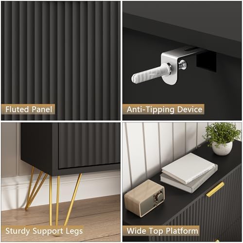 34.4" H Fluted Shoe Storage Cabinet with 2 Flip Drawers for Entryway, Black- Hidden Shoe Cabinet Storage, Narrow Free Standing Shoe Organizer, Shoe Rack Cabinet for Foyer Hallway