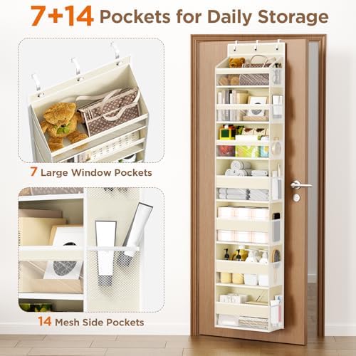 Mefirt Over The Door Organizer, 7 Tier Door Hanging Organizers with 7 Large Pockets 14 Side Pockets, Behind Door Storage Hanging Shelves for Closet Bathroom Bedroom Nursery
