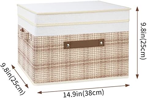 TYEERS Collapsible Storage Bins with Lids, Patchwork Design, Washable, Fabric Storage Boxes, 14.9x9.8x9.8 inches, 3 Pack, Camel Tan