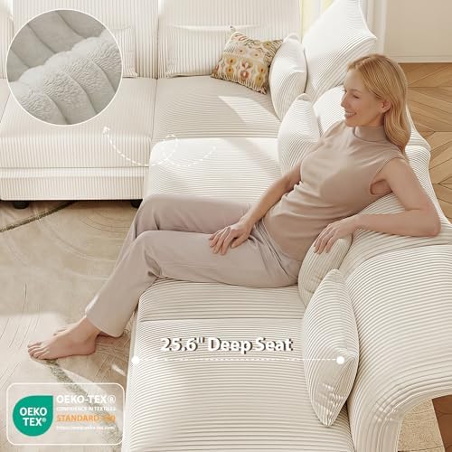LLappuil Corduroy Modular Sectional Sofa with Storage Seat, Convertible Sectional Couches for Living Room with Adjustable Arms Backs, Plush Cushions, 8 Seater, Beige