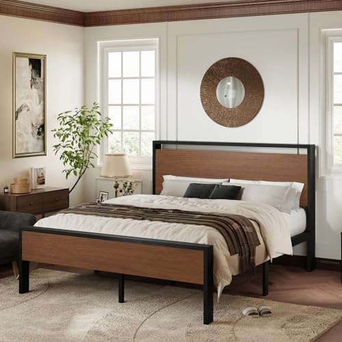 Allewie Queen Size Bed Frame, Heavy Duty 12 Metal Slats Support, Walnut