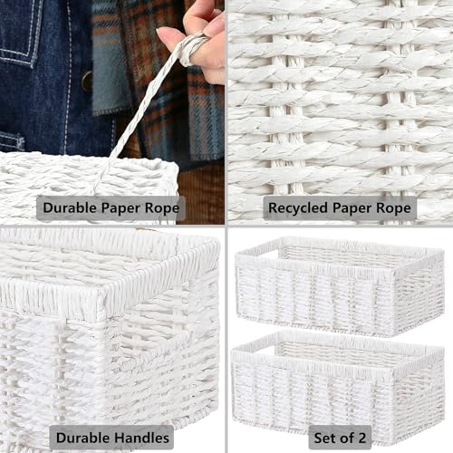 Vagusicc Wicker Storage Basket, Set of 2 Hand-Woven Paper Rope Wicker Baskets for Organizing Decor Storage Bins for Counter Shelves Pantry Basket Small Toilet Paper Basket for Toilet Tank Top, White