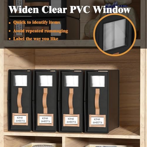 6 Pack Foldable Bed Sheets Set Organizers and Storage(King & Queen Size),Linen Fabric Closet Organizers with Window,Folding Bedding Storage Box for Bedsheets and Pillow Cube Organizer-Black