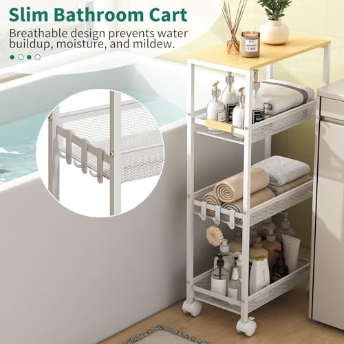 4-Tier Slim Utility Rolling Laundry Cart with Wheels, Easy to Assemble | 9.1" Wide for Narrow Spaces, Wood Top with Metal Frame, Mobile Storage Shelves for Bathroom, Kitchen, Office