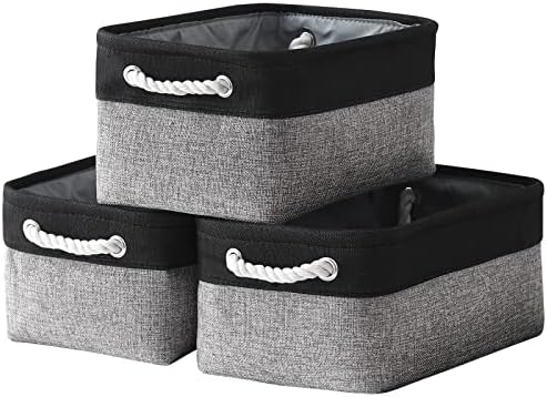 TheWarmHome Storage Basket for Organizing - 14x10x7 inch Medium 3 Pack Collapsible Storage Bin for Shelves with Rope, Fabric Storage Cubes for Organizer Cloth Gift Toy Closet (Black & Grey)