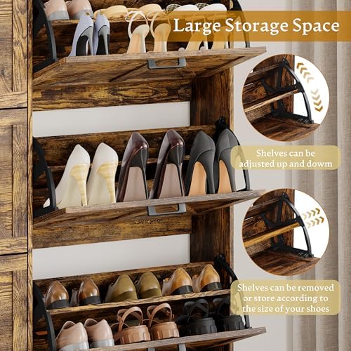 Wodeer Shoe Cabinet Storage for Entryway, Shoe Storage Cabinet with 6 Flip Drawers, Freestanding Narrow Shoe Rack Organizer with Metal Legs, Adjustable Shelves & Open Storage for Foyer, Hallway, Brown