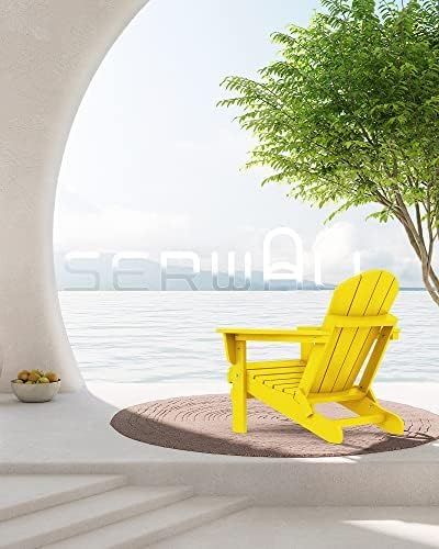 SERWALL Foldable Adirondack Chair Set of 2, Weather Resistant Patio Chair with Cup Holder for Garden Outdoors Fire Pit-Lemon
