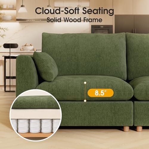 WorthFurni Oversized Modular Sectional Sofa,111" L Shape Sectional Cloud Couch with Storage Ottoman,Comfty 4 Seat Modular Sofa for Living Room,Green Chenille