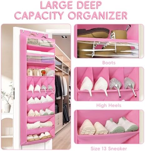 1 Pack 8 Shelves Over The Door Shoe Organizer, 68" Exlarge Deep Pockets | Hanging Shoe Organizer, Shoe Rack for Closet, Shoe Holder for Boots, Sneakers, Heels, Over Door Organizer in Home, Dorm, Pink