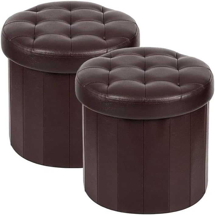 Bsketa Round Storage Ottoman, 14" Folding Leather Foot Rest, Brown 2 Pack | Round Leather Poufs with Thicker Foam Padded Seat, Living Room, Bedroom, Dorm, Entryway, Easy to install,14 x 14 x 13in