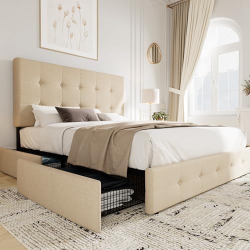 Allewie Full Size Storage Bed Frame with 4 Underbed Drawers, Beige