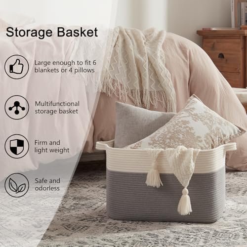 OIAHOMY Large Blanket Basket, 65L Cotton Rope Woven Laundry Basket, Toy Bin for Baby Room, Container for Blanket Storage in Living Room, 20''×16''×12'', Grey & White