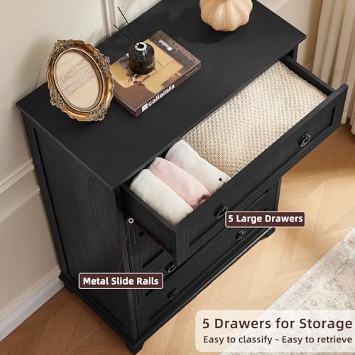 Joaxswe Farmhouse 5 Drawer Dresser for Bedroom Set of 2, 42" Tall Small Dressers & Chest of Drawers, Rustic Wood Dresser with Metal Handle, Storage Organizer Closet for Living Room, Hallway,Entryway | Chest of Drawers, Rustic Wood Dresser with Metal Ha...