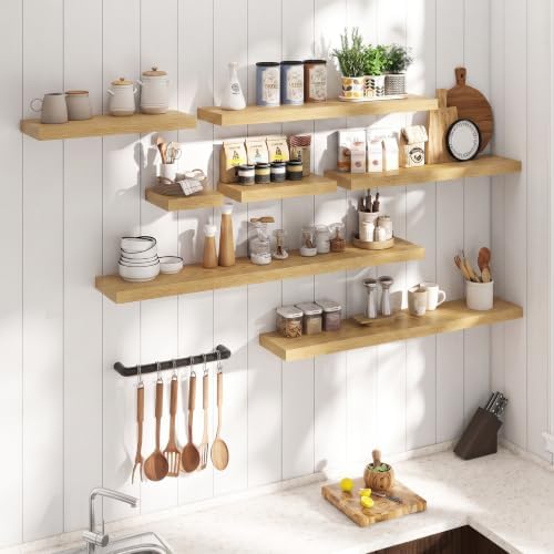 72 Inch Floating Shelves for Wall 2 Pack, 8"D Wood Grain Bathroom Shelves | Invisible Brackets, Oak Finish, Easy Install | Engineered Wood Storage Shelves for Kitchen, Study, Bedroom