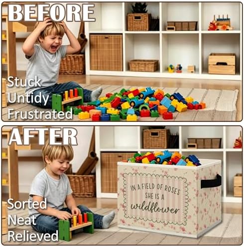 Wildflower Nursery Cube Storage Bins with Handles, in a Field of Roses She Is a Wildflower Girls Collapsible Fabric Storage Basket Boxes Toys Books Clothes Organizer for Girls Bedroom Bathroom