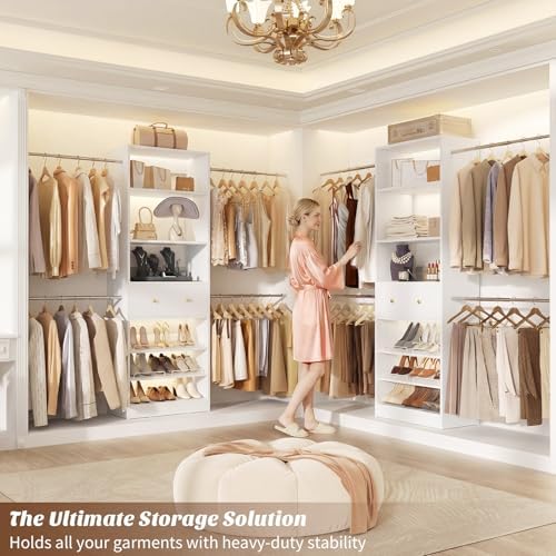 Armocity Wood Closet Organizer System - 4FT-9FT Expandable Wardrobe Closet with Drawer & 4 Hanging Rods, Heavy Duty Walk-in Closet 1000Lbs for Bedroom Walk-in Closet, White