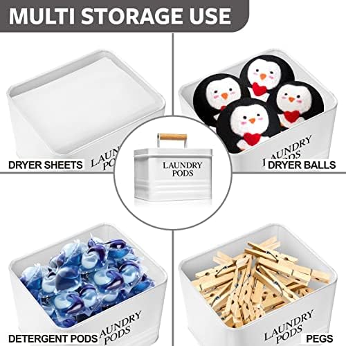 Calindiana Modern Farmhouse Metal Laundry Pods Holder Container with Lid for Laundry Room Decor and Accessories and Space Saving Organization and Storage, Holds 81 Laundry Pods, White