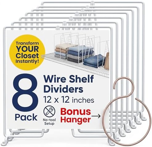 White Wire Shelf Dividers for Closet Organization – 8-Pack – Sturdy and Easy Set-Up Closet Shelf Dividers with Bonus Rose Gold Hanger – 12 inches x 12 inches