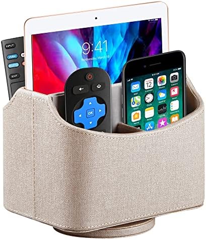 360° Rotating Remote Control Holder, PU Leather TV Remote Caddy, Pen Holder.Nightstand Organizer Storage Box with 5 Compartments for Pencil, Art Supplies, Makeup Brush, Office Desk Table Accessories