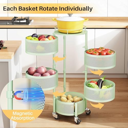 SNTD 5-Tier Fruit and Vegetable Basket Bowls for Kitchen, Rotating, Green