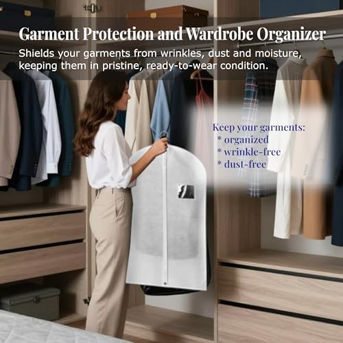 4-Pack Breathable Garment Bags for Hanging Clothes – Dust-Proof Suit & Dress Covers with Clear Window – Waterproof, Foldable Closet Storage Organizer for Coats, Gowns, and Jackets (White, 40")