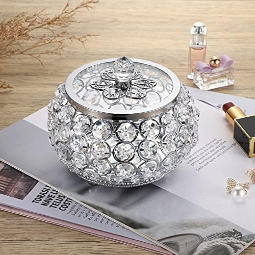 Hipiwe Crystal Jewelry Trinket Box with Glass Lid Silver Mirrored Treasure Box Decorative Jewelry Box Ring Earrings Necklace Storage Keepsake Box Gift for Women