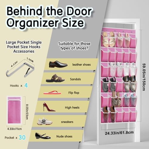 Kotkn Over the Door Shoe Organizer with 30 Breathable Mesh Pockets - Large Capacity Closet Storage for Men & Women, Hanging Shoe Rack Organizer (Pink)