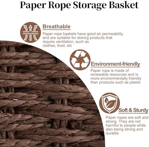 OIAHOMY Wicker Storage Basket, Rectangular Paper Rope Shelf Baskets with Built-in Handles, Woven Decorative Organizer for Pantry, Shelves, Living Room and Bathroom, 1-Pack Brown