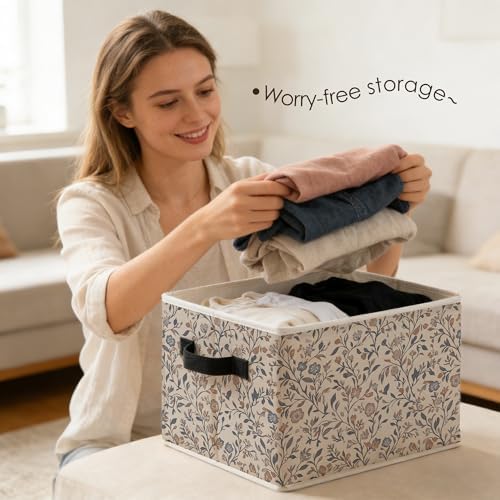 Vintage Rustic Floral Storage Bins Box with Handles, Rustic Cottagecore Wildflower Botanical Foldable Basket Toybox for Bedroom Bathroom Laundry Room Home Clothes Toys Books