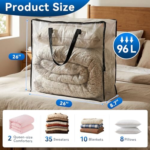 Clear Storage Bag 26 x 26 x 8.6 Inches Heavy Duty Oversized Organizer for Blankets Clothes Closet Storage Packing and Dorm College Supplies (Edge zip)