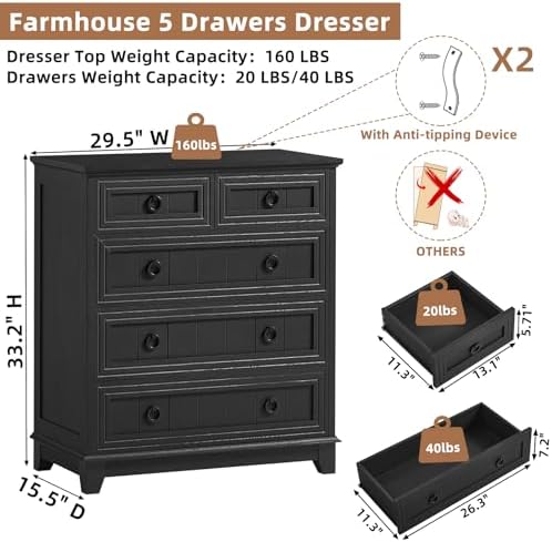 Joaxswe Farmhouse 5 Drawer Dresser for Bedroom Set of 2, 33.2" Tall Small Dressers & Chest of Drawers, Rustic Wood Dresser with Metal Handle, Storage Organizer Closet for Living Room, Hallway,Entryway | Chest of Drawers, Rustic Wood Dresser with Metal ...