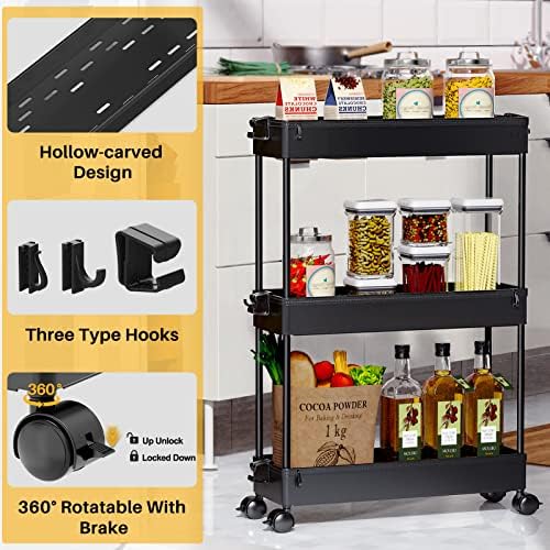 SPACEKEEPER Slim Rolling Storage Cart, 3 Tier Bathroom Storage Organizer Laundry Room Utility Cart Mobile Shelving Unit, Multi-Purpose for Kitchen Office Bathroom Laundry Narrow Places, Black | Narrow Rolling Cart with Wheels for Kitchen Office Bathroo...