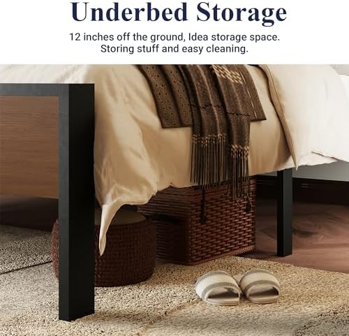 Allewie Full Size Bed Frame, Heavy Duty 12 Metal Slats Support, Walnut
