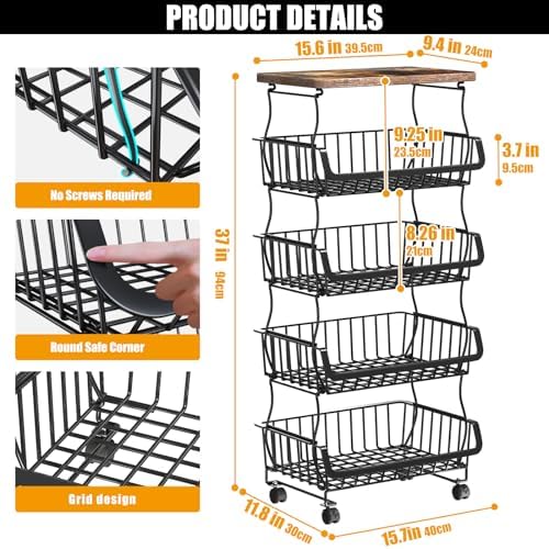 Gsiekare 5 Tier Fruit and Vegetable Basket for Kitchen with Wheels