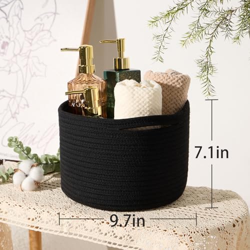 MiniArk Small Basket for Organizing | Cube Shelf Closet Storage Baskets | 9.7×9.7×7.1” | Woven Rope Gift Basket | Nursery | Round 3 Packs Black