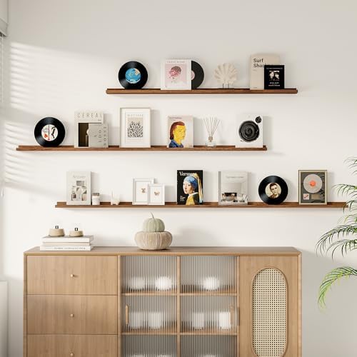 Fun Memories Picture Ledge Shelf, 60 Inch Floating Shelves Set of 2, Large Nursery Book Shelves for Toys Storage, Kids Bookshelf Wall Mounted for Wall Decor Books Photo Frames, Walnut