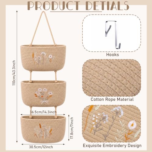 Novabright 3 Tier Over The Door Hanging Basket Organizer with Hooks | Woven Cotton Wall Mounted Storage Organizer Closet Boho Embroidery Large Wall Basket for Nursery Bedroom Bathroom Kitchen