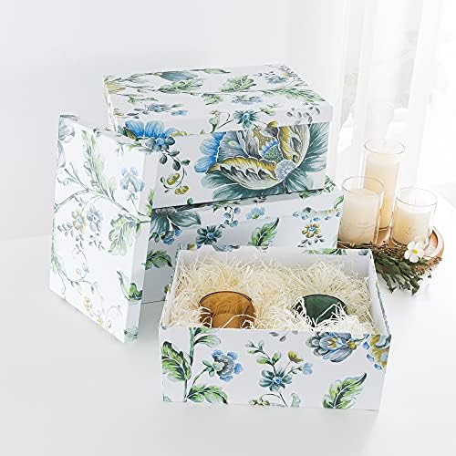 Soul & Lane - Breezy Bloom Floral Storage Boxes with Lids, Set of 3 | Nesting Decorative Photo Containers for Memories and Keepsakes, Pretty Flower Paperboard Bins, Cardboard File Boxes