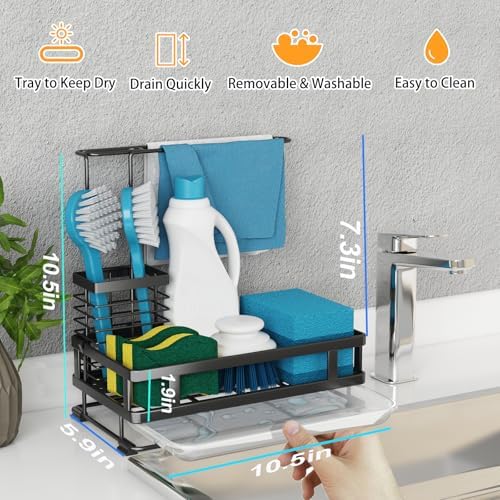 Godboat Kitchen Sink Organizer with Brush Rack - Sink Caddy with Drain-Pan