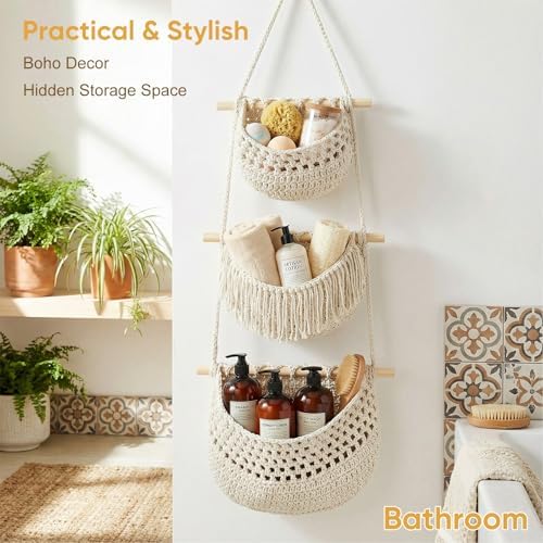 Boho Style Handwoven Rope Hanging Basket - 3-Tier Detachable Storage Organizer for Kitchen/Bathroom/Entryway, 3 Included Heavy-Duty Hooks, 7 Color Options Available (Green&White)
